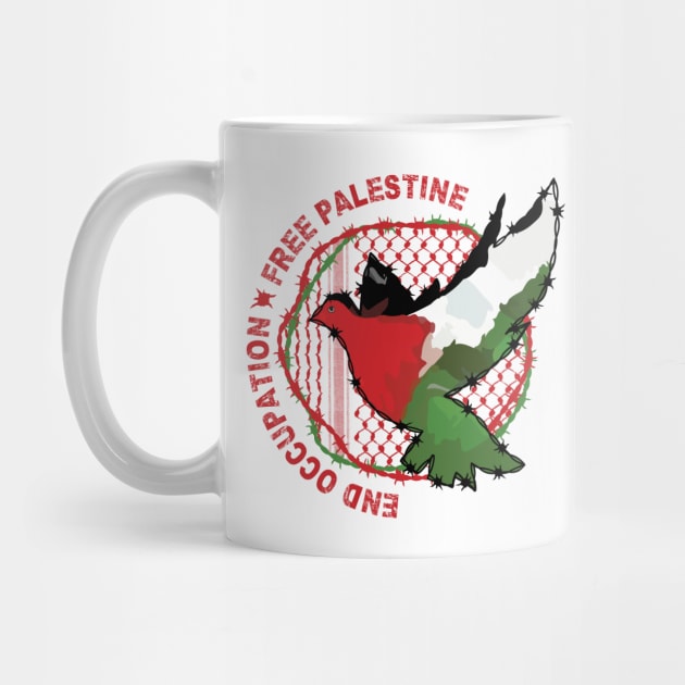 End Occupation Free Palestine with Palestinian Arabic Kufiya Hatta Pattern -red by QualiTshirt